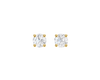 A pair of yellow gold stud earrings, each featuring a brilliant-cut diamond held in a classic four-prong setting, presented against a dark, transparent checkerboard background.