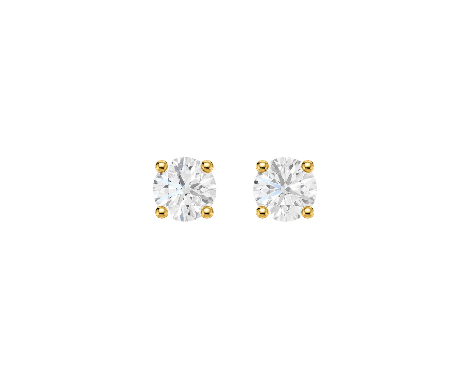 A pair of yellow gold stud earrings, each featuring a brilliant-cut diamond held in a classic four-prong setting, presented against a dark, transparent checkerboard background.