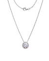 A silver or white gold chain necklace featuring a round solitaire diamond pendant surrounded by a delicate halo of smaller pave-set diamonds, displayed against a dark, transparent checkerboard background.