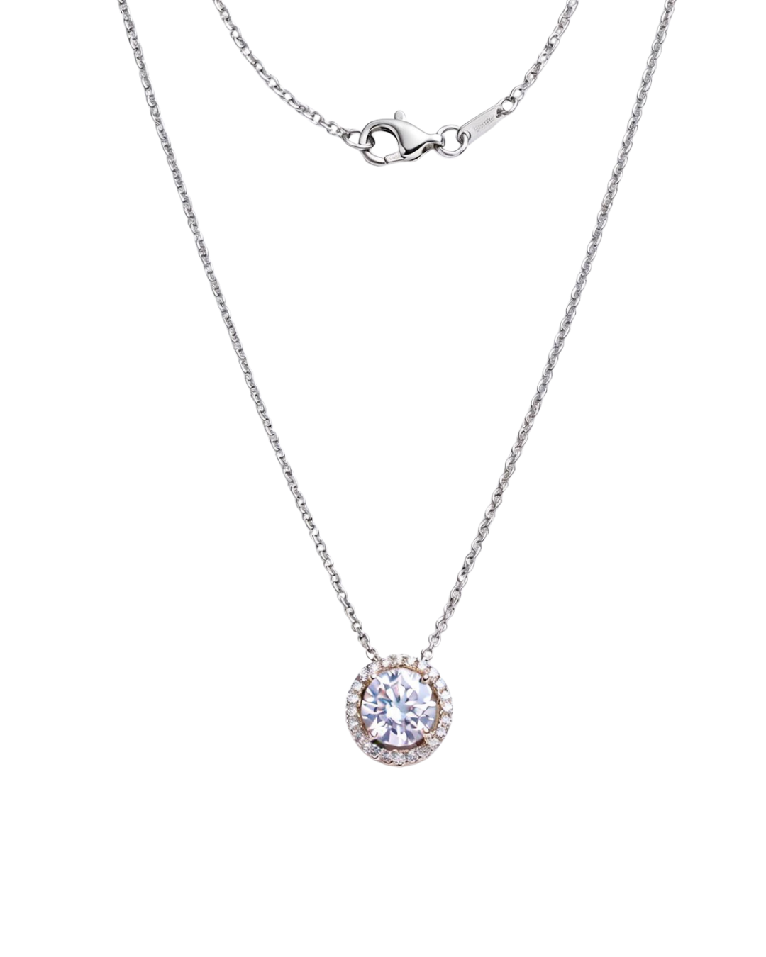 A silver or white gold chain necklace featuring a round solitaire diamond pendant surrounded by a delicate halo of smaller pave-set diamonds, displayed against a dark, transparent checkerboard background.