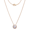 A rose gold chain necklace featuring a round solitaire diamond pendant surrounded by a delicate halo of smaller pave-set diamonds, displayed against a dark, transparent checkerboard background.