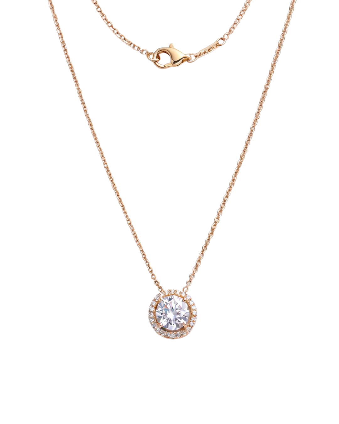 A rose gold chain necklace featuring a round solitaire diamond pendant surrounded by a delicate halo of smaller pave-set diamonds, displayed against a dark, transparent checkerboard background.