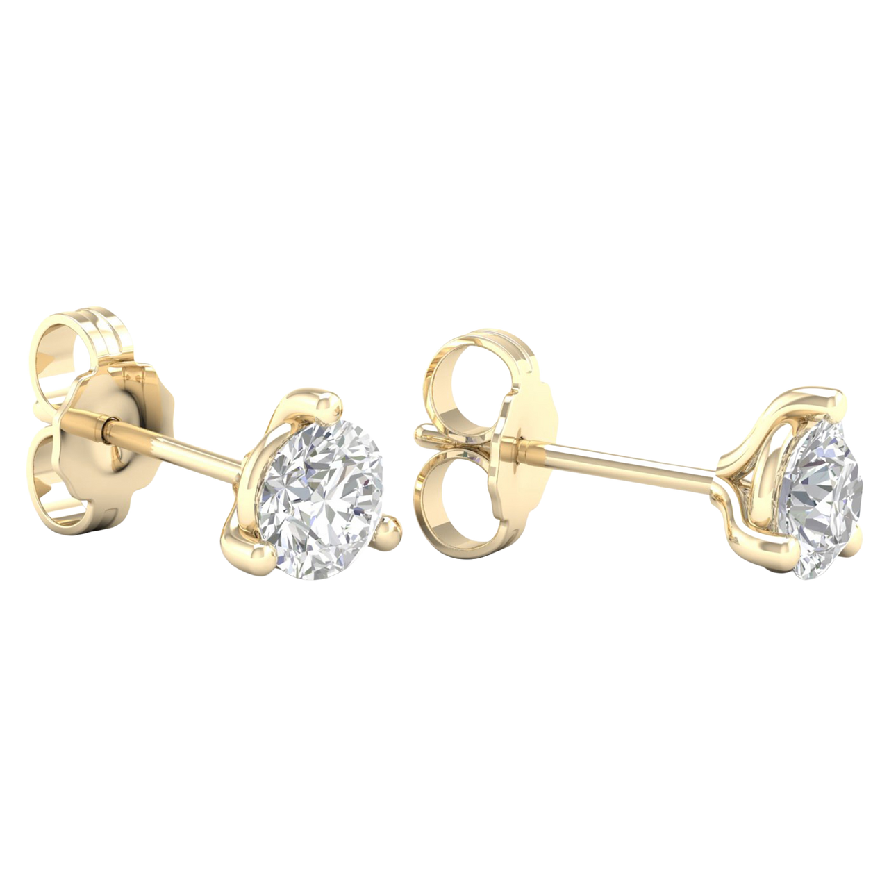 A pair of yellow gold stud earrings, each featuring a single brilliant-cut diamond held in a three-prong setting, displayed against a dark, transparent checkerboard background.