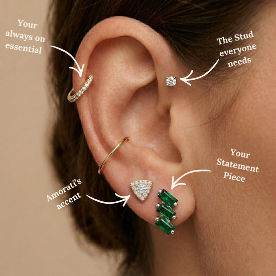How to stack your ear with the amorati bold power studs, prism studs and cascade baguette emerald studs.