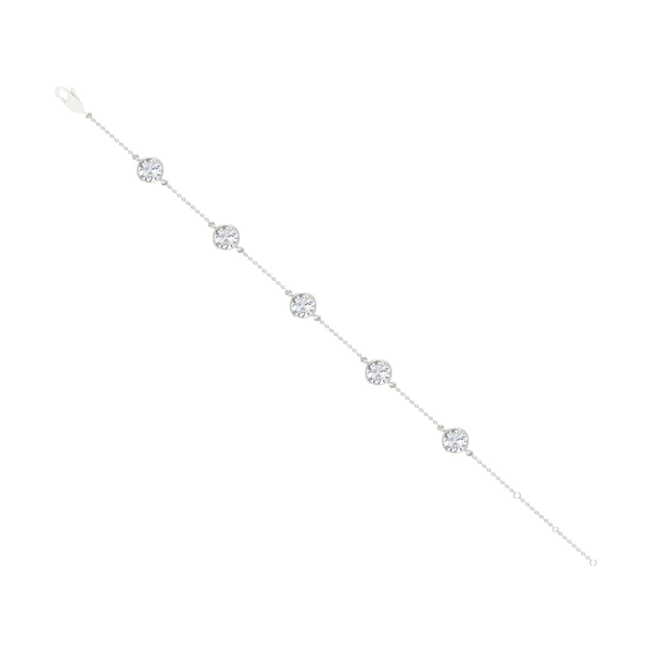 A full top-down view of a 14K white gold bracelet, showing the spaced-out, bezel-set diamonds on the delicate chain.