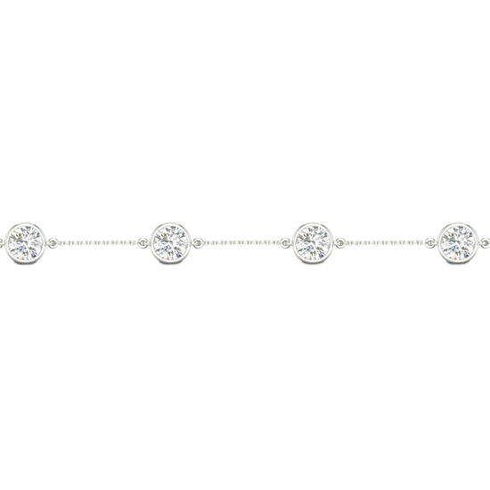 A close-up side view of a 14K white gold bracelet, showing a series of bezel-set diamonds connected by a delicate chain.