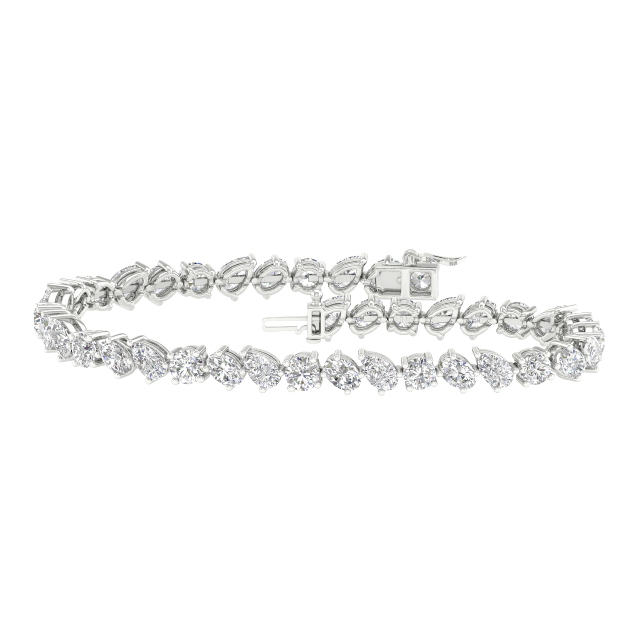 Front view of a marquise-cut diamond tennis bracelet in white gold, featuring a continuous row of marquise diamonds set in a sleek, articulated design.
