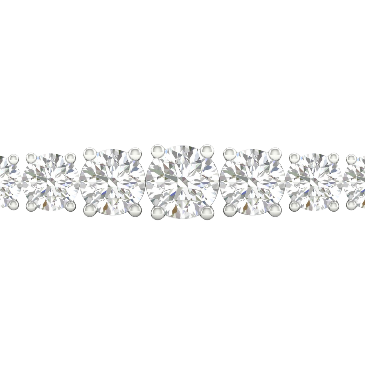 A close-up side view of a 14K white gold tennis bracelet, showing the graduated design with round diamonds getting larger in the center.