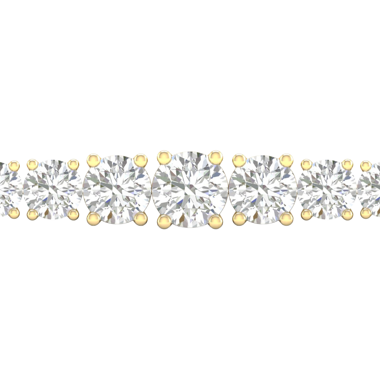 A close-up side view of a 14K yellow gold tennis bracelet, showing the graduated design with round diamonds getting larger in the center.