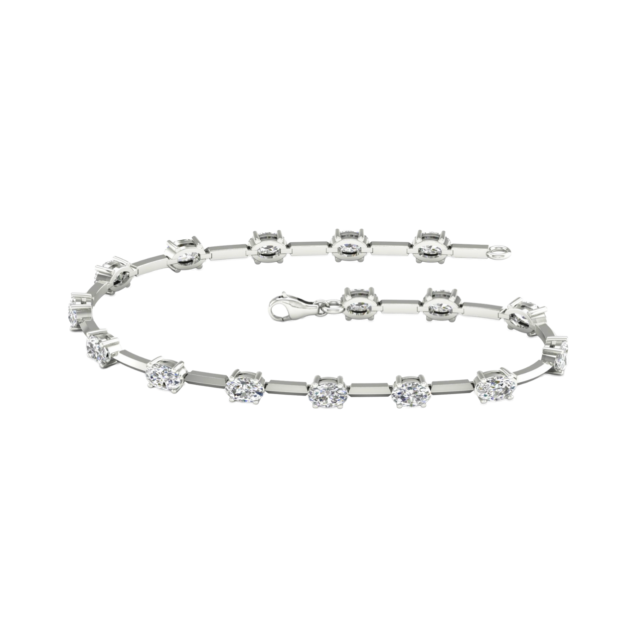 A full top-down view of a 14K white gold tennis bracelet, coiled to show the continuous line of square-cut diamonds.