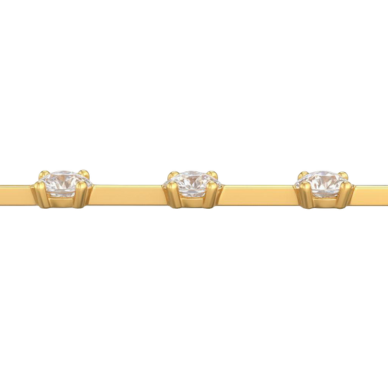 A close-up side view of a 14K yellow gold tennis bracelet, showing the line of square-cut diamonds and their setting.