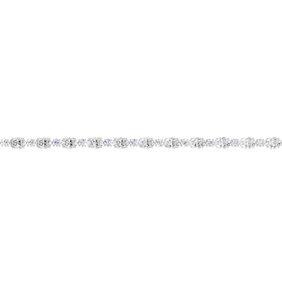 Close-up view of a white gold oval diamond tennis bracelet highlighting individual oval diamonds, prong detail, and precise stone setting.