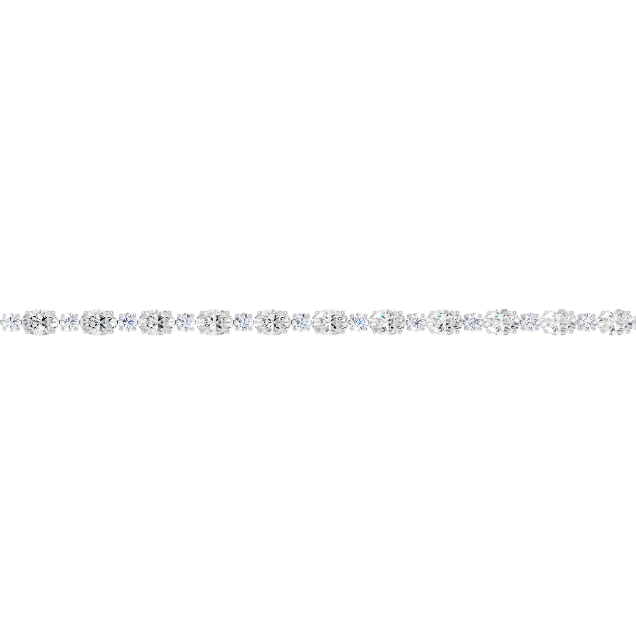 Close-up view of a white gold oval diamond tennis bracelet highlighting individual oval diamonds, prong detail, and precise stone setting.