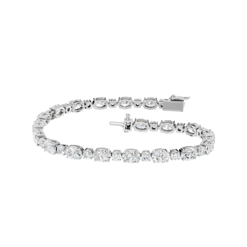 Front view of an oval-cut diamond tennis bracelet in white gold, featuring a continuous row of oval diamonds set in a sleek, articulated design.