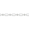 A close-up side view of a 14K white gold geometric bracelet, showing the interconnected hexagonal links with pavé diamonds and a bezel-set center stone.
