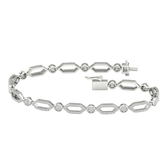 A full top-down view of a 14K white gold geometric bracelet, coiled to show the repeating pattern of interlocking links.