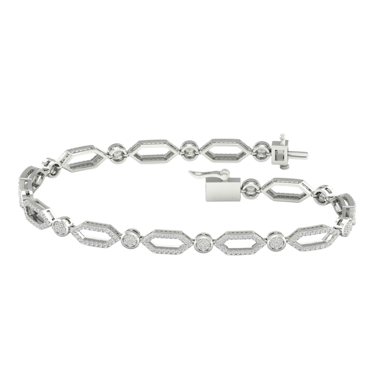 A full top-down view of a 14K white gold geometric bracelet, coiled to show the repeating pattern of interlocking links.
