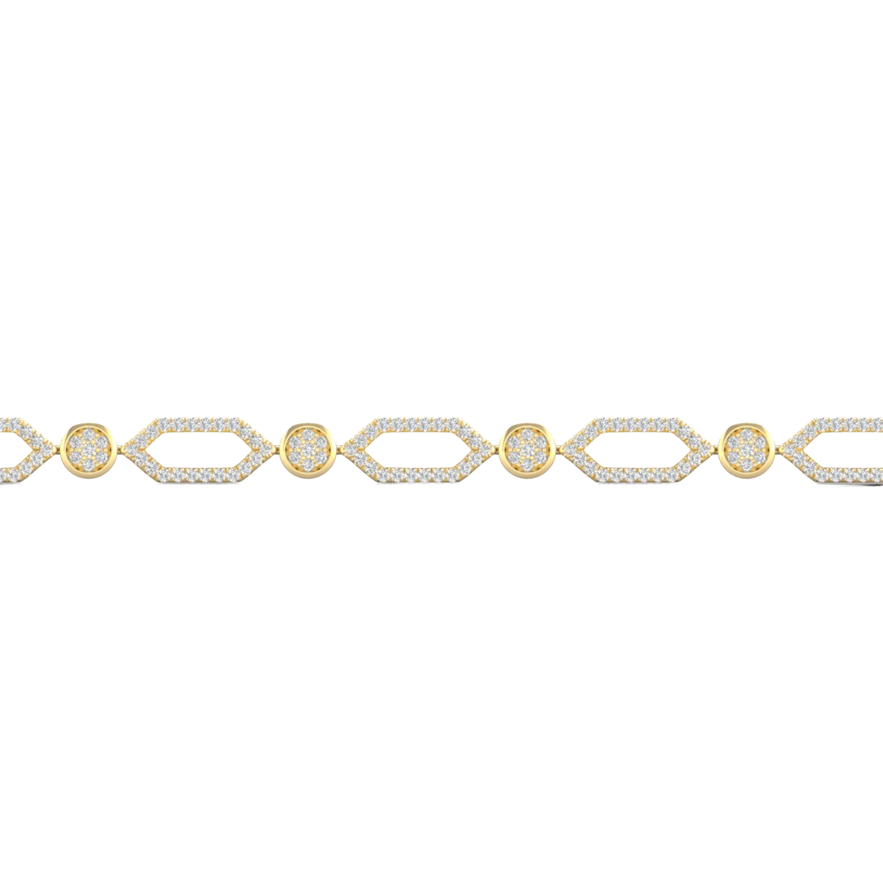 A close-up side view of a 14K yellow gold geometric bracelet, showing the interconnected hexagonal links with pavé diamonds and a bezel-set center stone.