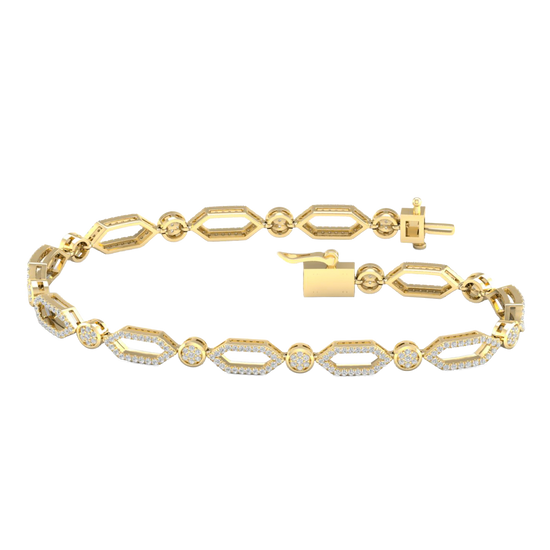 A full top-down view of a 14K yellow gold geometric bracelet, coiled to show the repeating pattern of interlocking links.