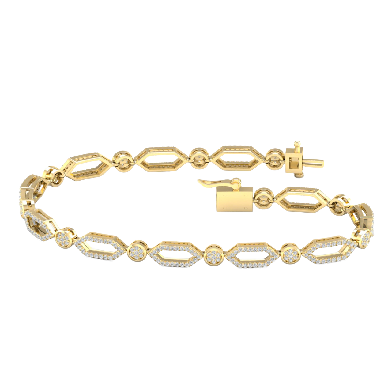 A full top-down view of a 14K yellow gold geometric bracelet, coiled to show the repeating pattern of interlocking links.