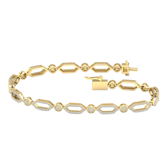 A full top-down view of a 14K yellow gold geometric bracelet, coiled to show the repeating pattern of interlocking links.