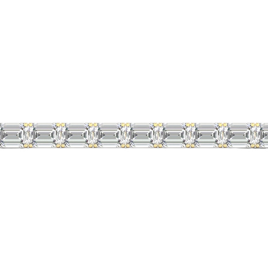 Close-up view of emerald cut white diamonds set in a yellow gold tennis bracelet, highlighting the stone settings and warm gold tone.