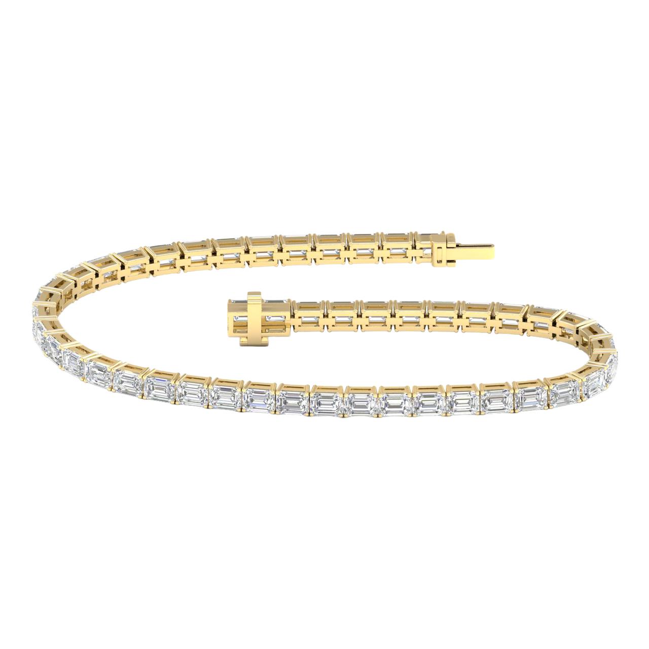 Wide view of a yellow gold diamond tennis bracelet featuring emerald cut white diamonds set in a continuous line, showcasing the full bracelet design.