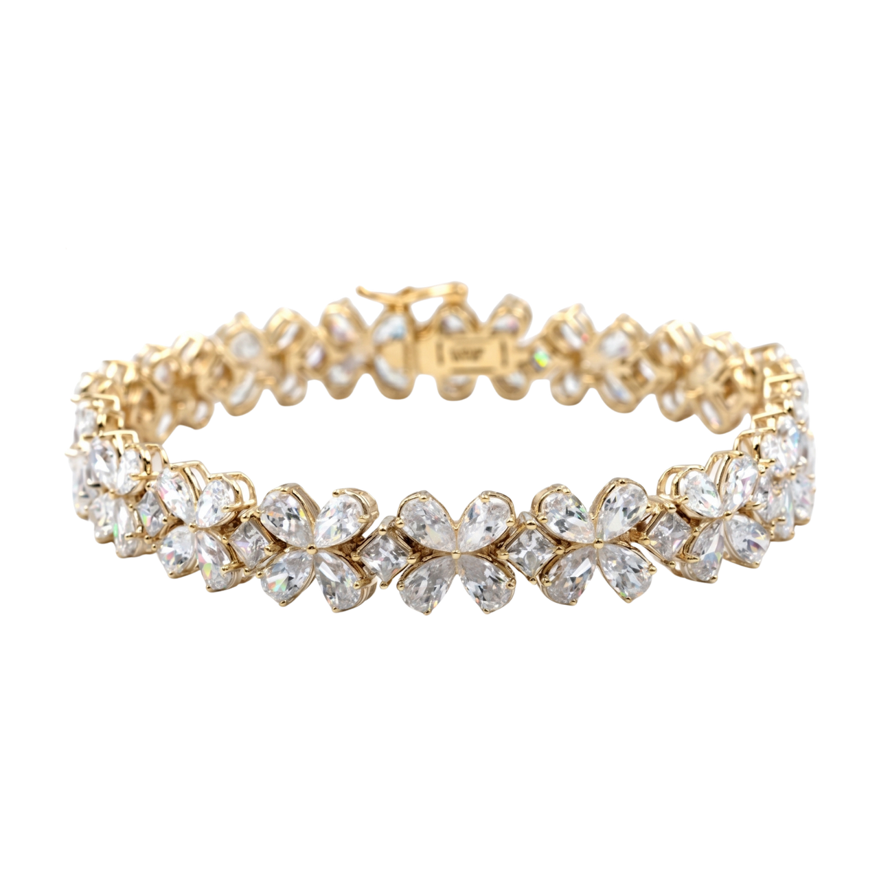 Front view of a diamond floral tennis bracelet in rose gold, featuring marquise and round diamonds arranged in repeating flower-inspired clusters with a flexible, high-polish setting.
