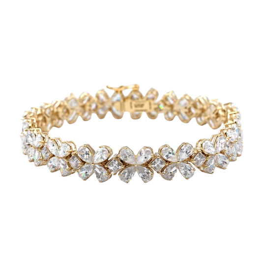 Front view of a diamond floral tennis bracelet in rose gold, featuring marquise and round diamonds arranged in repeating flower-inspired clusters with a flexible, high-polish setting.