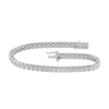 A full top-down view of a 14K white gold tennis bracelet, coiled to show the seamless, continuous line of round diamonds.