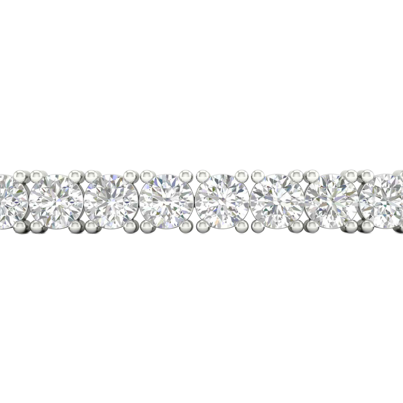 A close-up side view of a 14K white gold tennis bracelet, showing a continuous line of large, round diamonds set in a secure, four-prong setting.