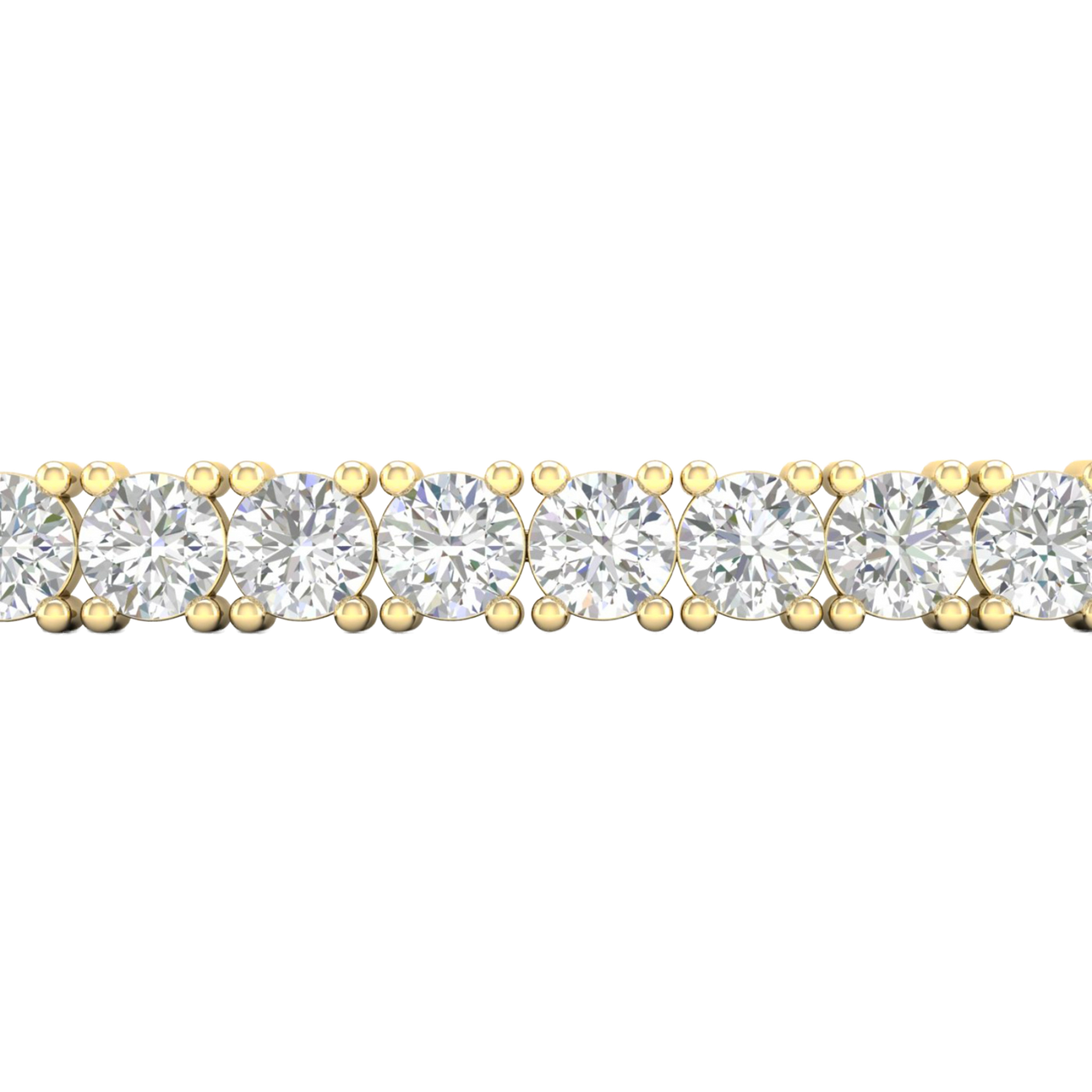 A close-up side view of a 14K yellow gold tennis bracelet, showing a continuous line of large, round diamonds set in a secure, four-prong setting.