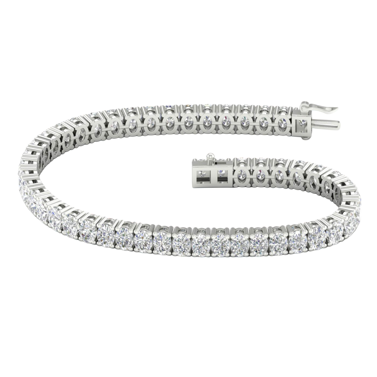 A full top-down view of a 14K white gold bracelet, coiled to show the bold, double-line of brilliant diamonds.