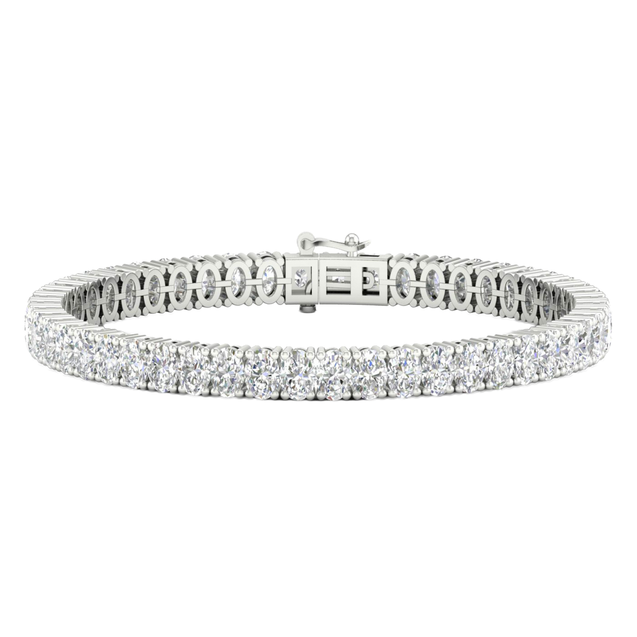 A close-up, top-down view of a lavish 14K white gold tennis bracelet featuring two continuous rows of brilliant-cut diamonds set in a four-prong or shared-prong style.