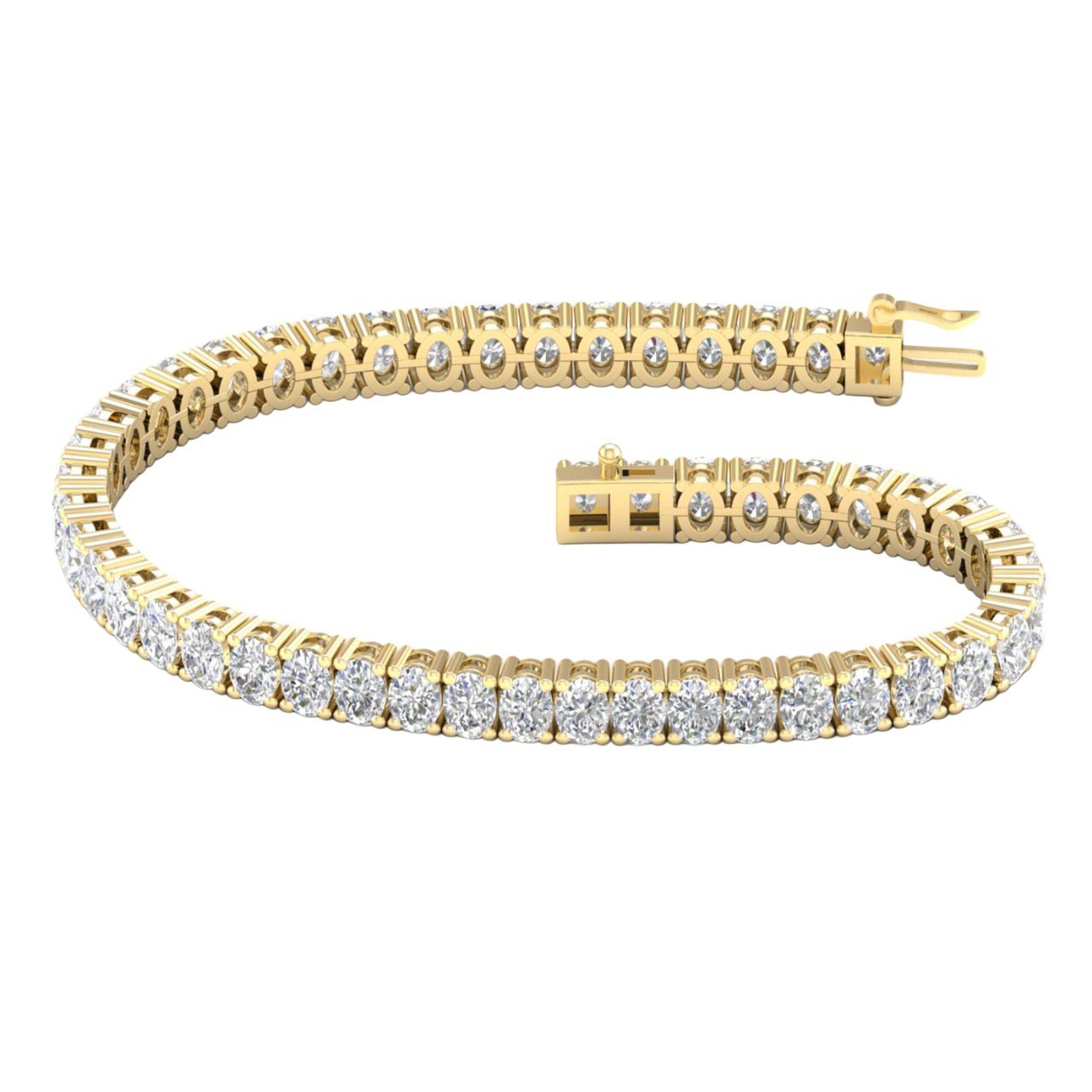A full top-down view of a 14K yellow gold bracelet, coiled to show the bold, double-line of brilliant diamonds.