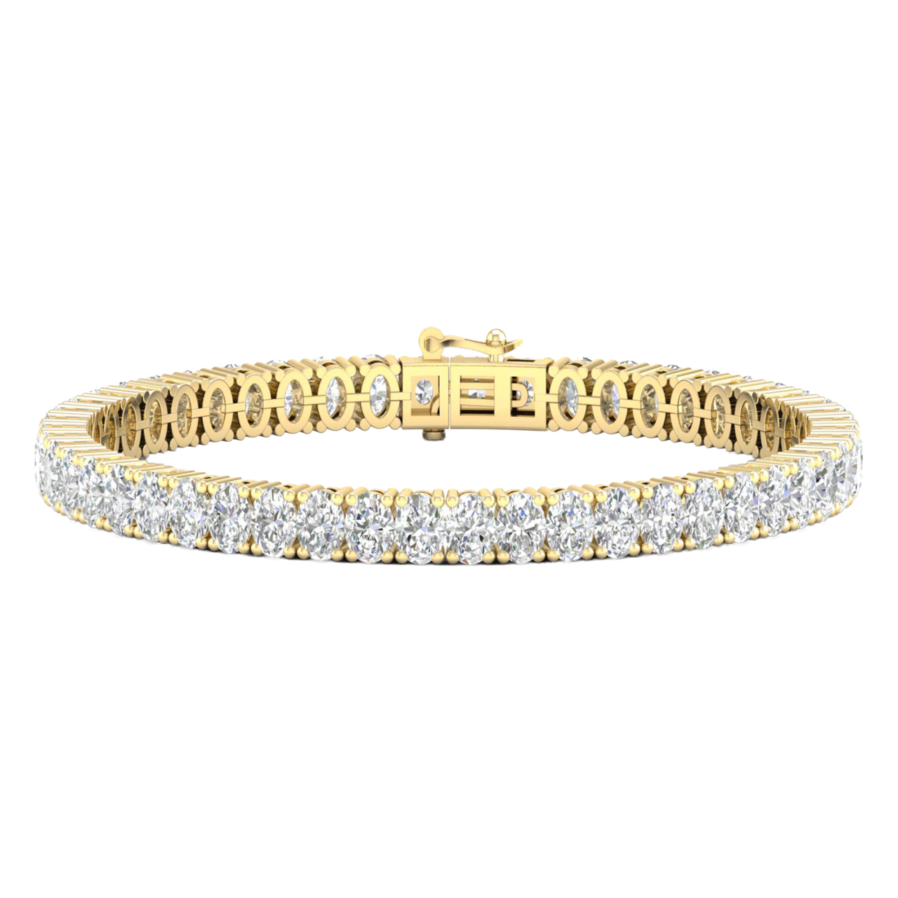 A close-up, top-down view of a lavish 14K yellow gold tennis bracelet featuring two continuous rows of brilliant-cut diamonds set in a four-prong or shared-prong style.