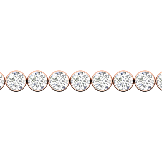 A close-up side view of a 14K rose gold tennis bracelet, showing a continuous line of round diamonds set in smooth, round bezels.
