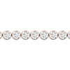 A close-up side view of a 14K rose gold tennis bracelet, showing a continuous line of round diamonds set in smooth, round bezels.