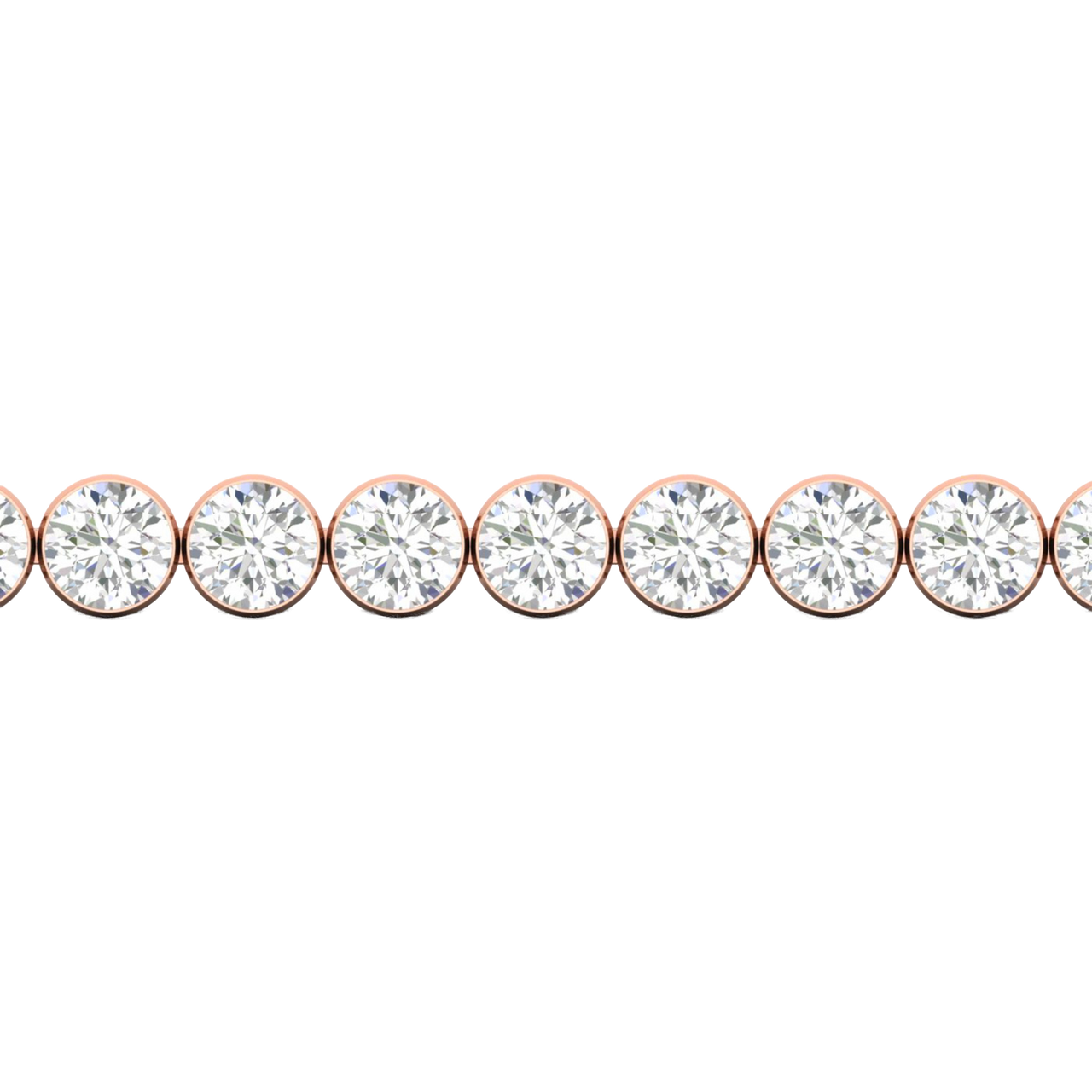 A close-up side view of a 14K rose gold tennis bracelet, showing a continuous line of round diamonds set in smooth, round bezels.