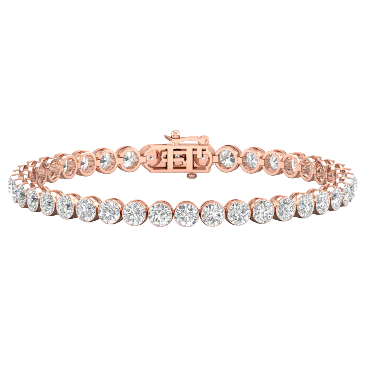 A full top-down view of a 14K rose gold tennis bracelet, coiled to show the seamless circle of brilliant diamonds.