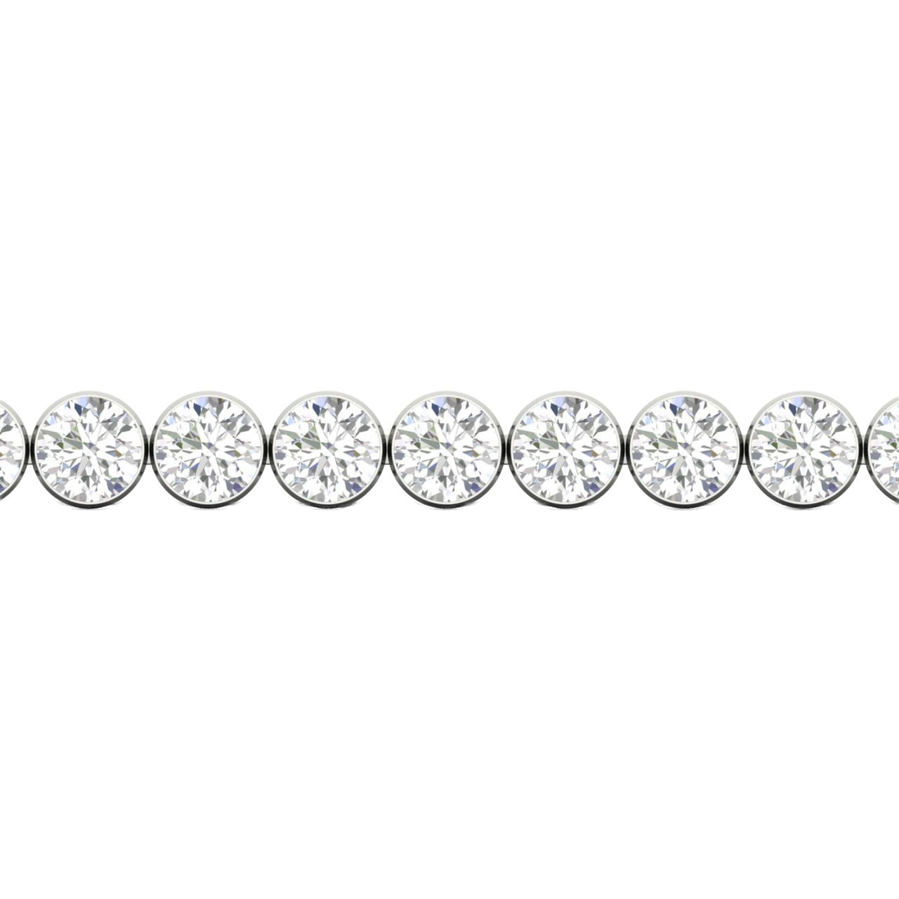 A close-up side view of a 14K white gold tennis bracelet, showing a continuous line of round diamonds set in smooth, round bezels.