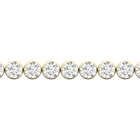 A close-up side view of a 14K yellow gold tennis bracelet, showing a continuous line of round diamonds set in smooth, round bezels.