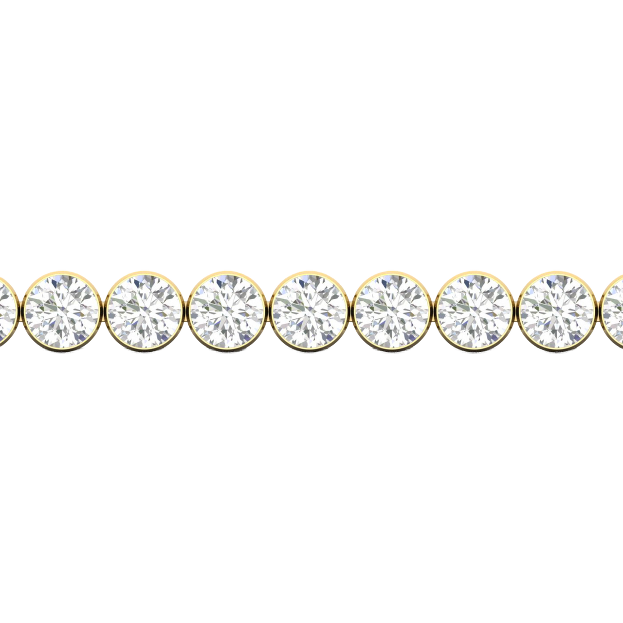 A close-up side view of a 14K yellow gold tennis bracelet, showing a continuous line of round diamonds set in smooth, round bezels.
