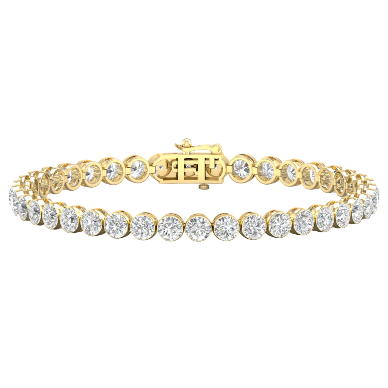 A full top-down view of a 14K yellow gold tennis bracelet, coiled to show the seamless circle of brilliant diamonds.
