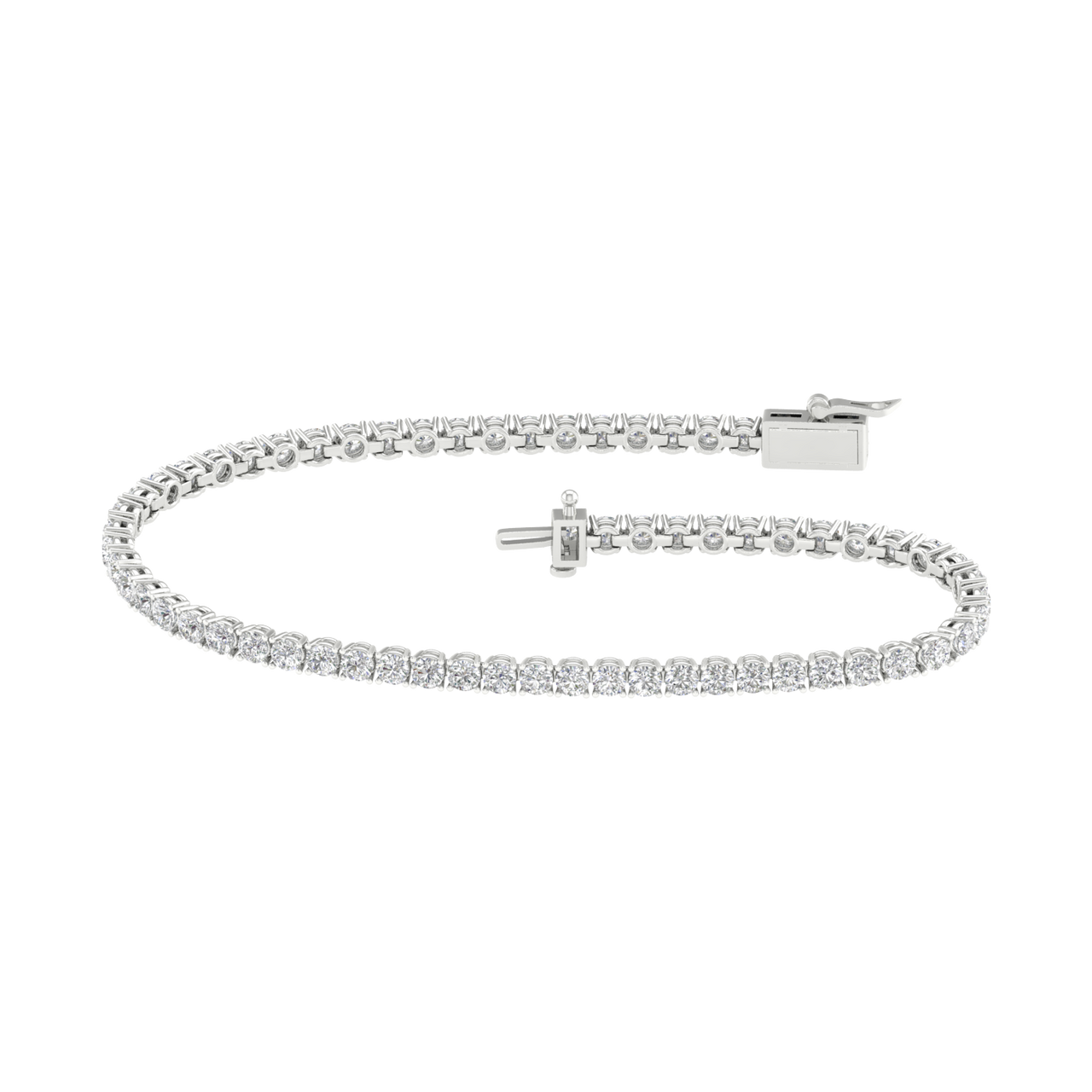 A full top view of the 14K white gold tennis bracelet, coiled to show the continuous, brilliant line of diamonds.