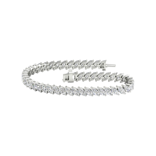 A full top-down view of a 14K white gold bracelet, coiled to show the continuous V-shaped pattern of marquise diamonds.