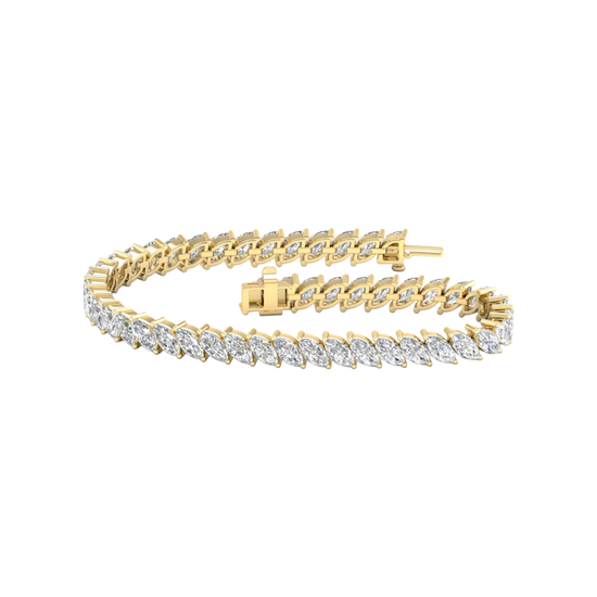 A full top-down view of a 14K yellow gold bracelet, coiled to show the continuous V-shaped pattern of marquise diamonds.
