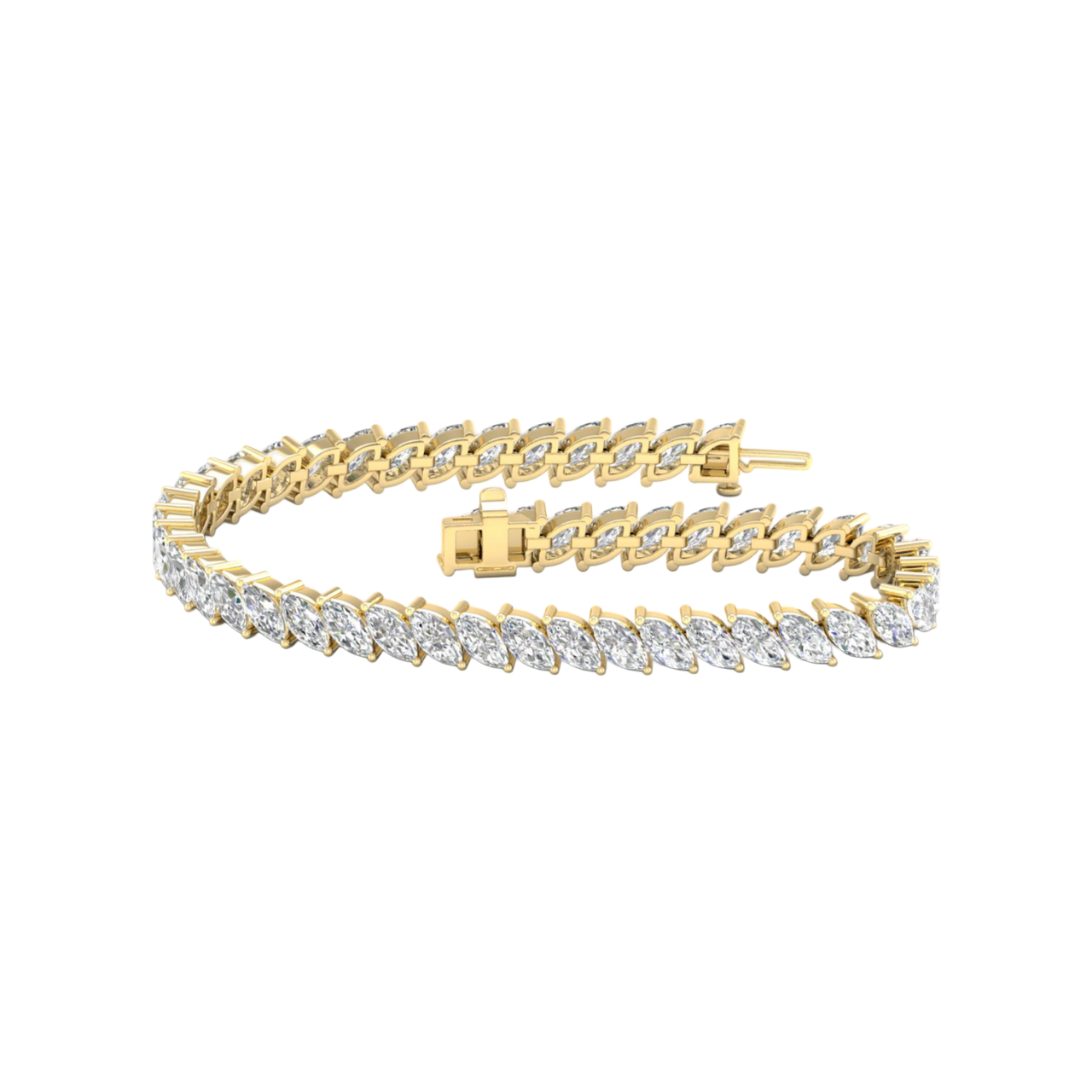 A full top-down view of a 14K yellow gold bracelet, coiled to show the continuous V-shaped pattern of marquise diamonds.