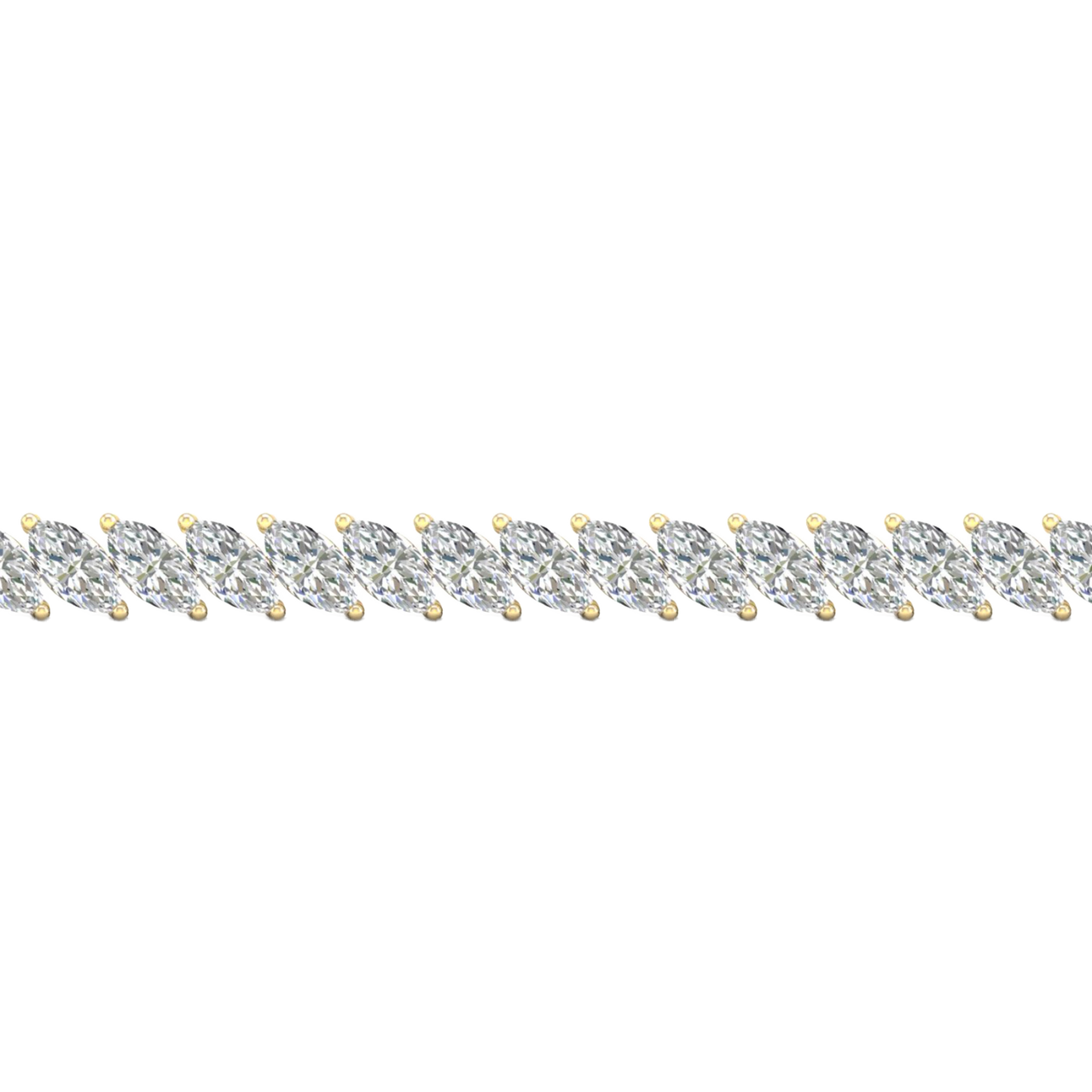 A close-up side view of a 14K yellow gold bracelet, showing a continuous V-shaped pattern made from marquise diamonds.