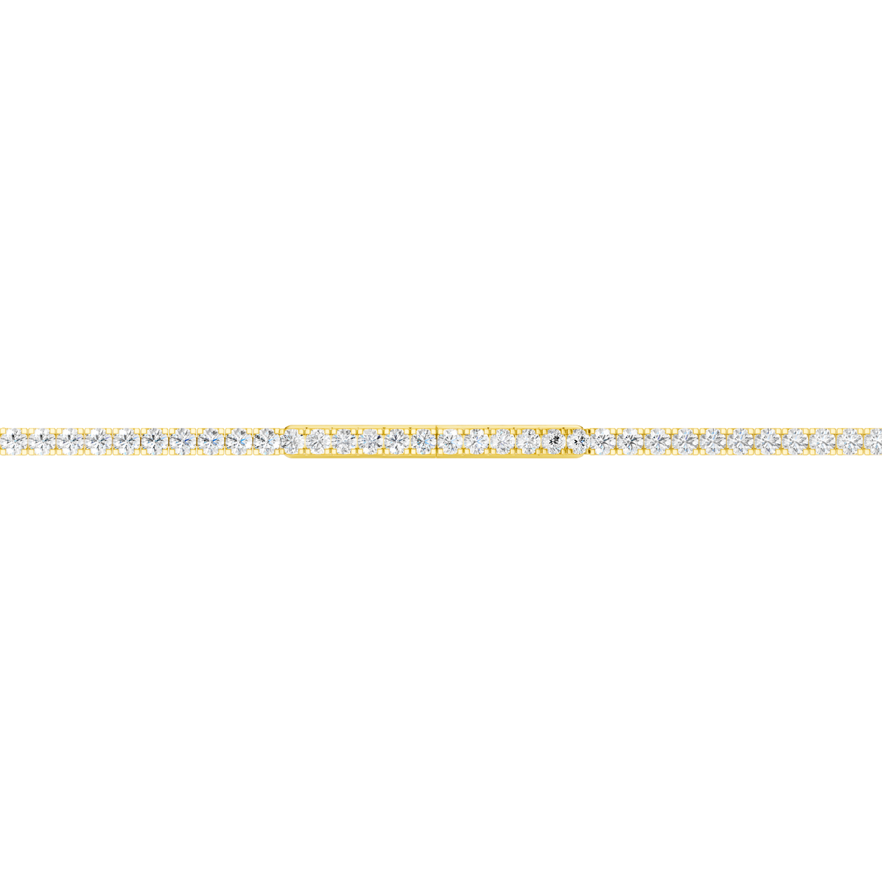 A close-up side view of the 14K yellow gold lab grown diamond tennis bracelet, detailing the low-profile setting.